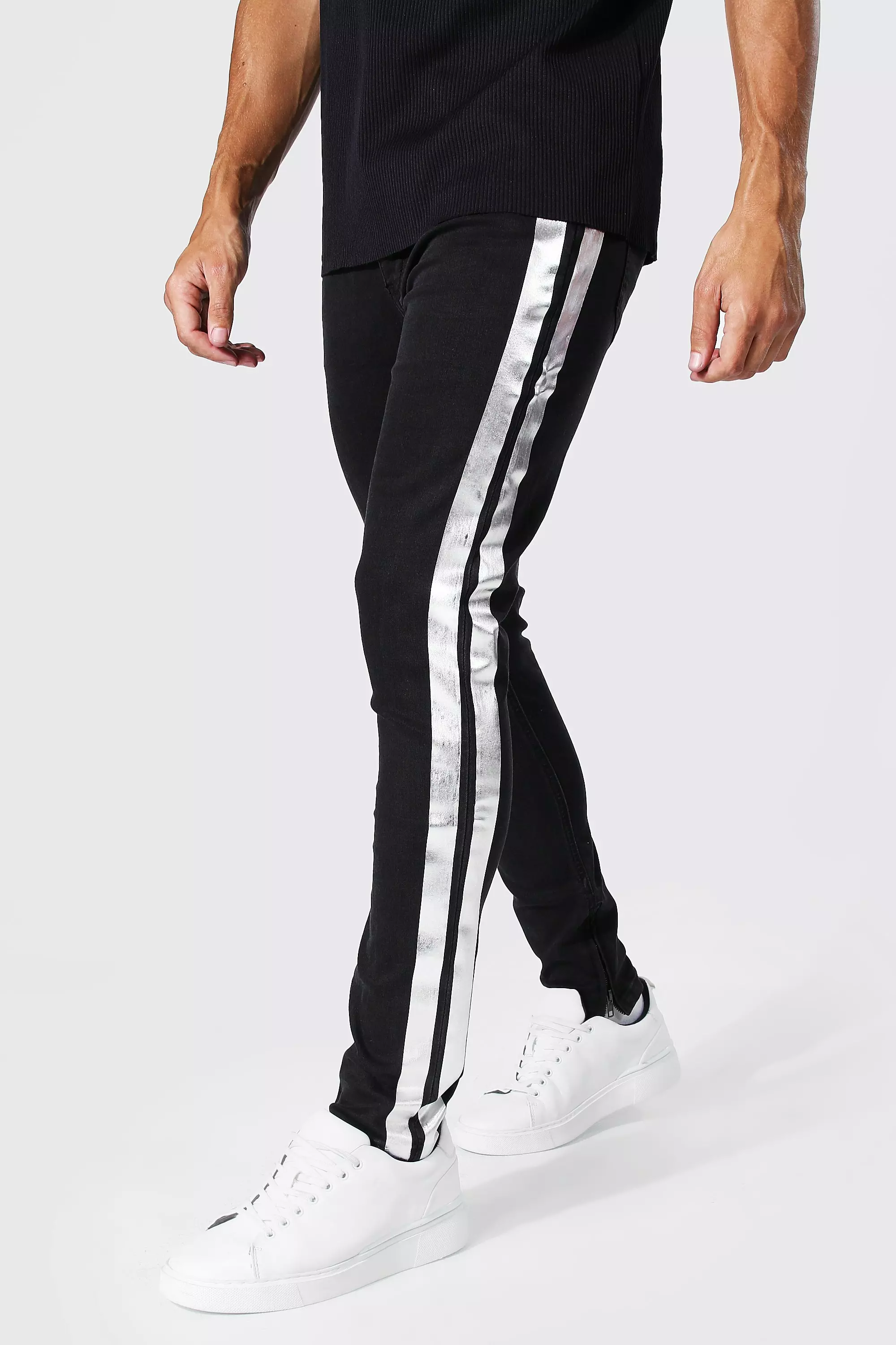 Side fashion stripe jeans black